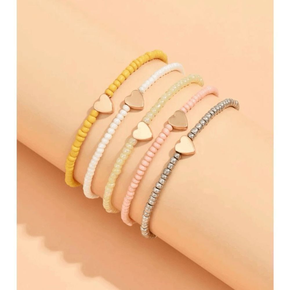 Hearts Full Seed Beaded Stretch Bracelet - Set of 5